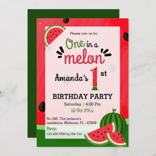 シンプル可愛いモダンの一つメロンの誕生日 招待状 (正面/裏面)
