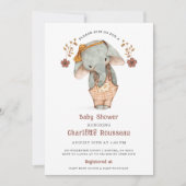 シンプル可愛い水彩象ガール赤ちゃんシャワー 招待状 (正面)