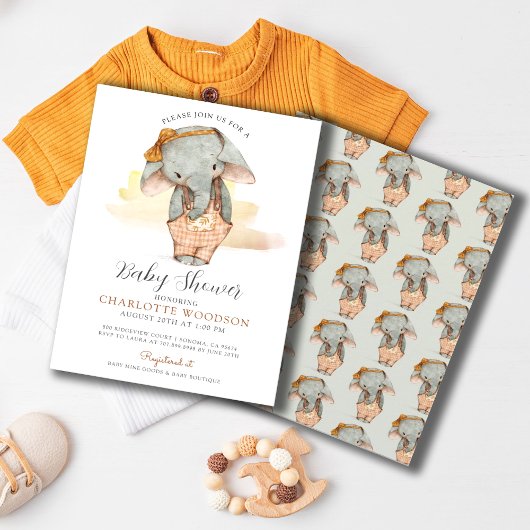 シンプル可愛い水彩象ガール赤ちゃんシャワー 招待状