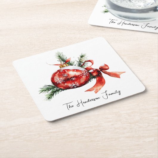 シンプル台本の水彩クリスマス装飾 スクエアペーパーコースター (アングル)
