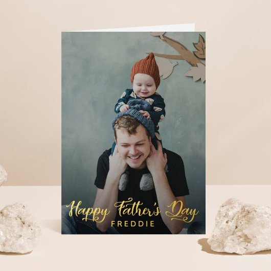 シンプル台本フォトハッピーお父さんの日実在 箔グリーティングカード