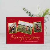 シンプル台本メリークリスマス3フォトコラージュ金ゴールド 箔シーズンカード (立ち正面)