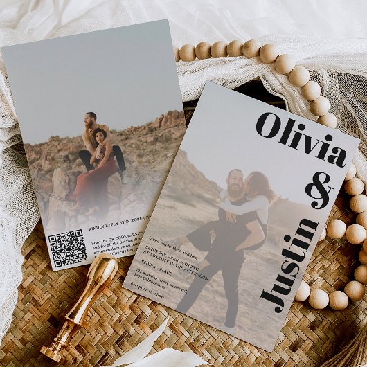 シンプル名はっきりした2枚の写真結婚Qrコード 招待状