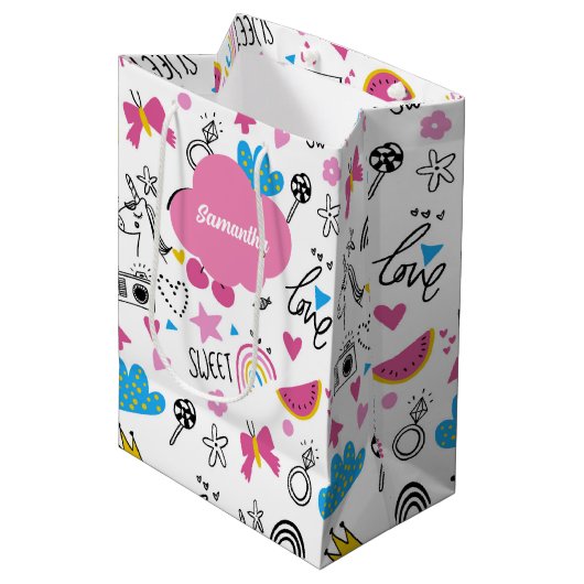 シンプル名ガーリー誕生日パタカラフルーン ミディアムペーパーバッグ (正面アングル)