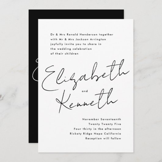 シンプル名前をカスタムするモダンツキシドホワイト結婚ズ 招待状 (正面/裏面)