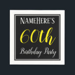 シンプル名前をカスタムする付き60th Birthday Party スタンダードカクテルナプキン<br><div class="desc">このと紙のナプキンシンプルデザインは、黄色の文字で60番目のメッセージを持つ「NameHere's 60th Birthday Party」のようなメッセージを備えファンシー、の輪郭を特徴とする黒い色の正方形の中で縁どす。名前パーソナライズされたを使用できる。これらのナプキンは、おそらく彼らの60歳の誕生日である誰かの誕生日パーティ祝ーで使用することができる。[～Z0000150]</div>