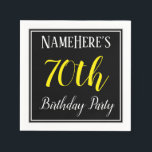 シンプル名前をカスタムする付き70th Birthday Party スタンダードカクテルナプキン<br><div class="desc">このとエレガント紙のナプキンデザインは、黄色の文字で70位のメッセージを持つ「NameHere's 70th Birthday Party」のようなメッセージを備えファンシー、の輪郭を特徴とする黒い色の正方形の中に縁どは、2000年の10月30日シンプル。名前をカスタムするを使用できる。これらのナプキンは、おそらく彼らの70歳の誕生日である誰かの誕生日パーティ祝ーで使用することができる。[～Z0000150]</div>