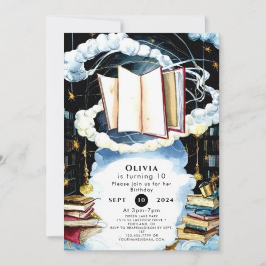 シンプル図書館おとぎ話ストーリーブック誕生日 招待状 (正面)