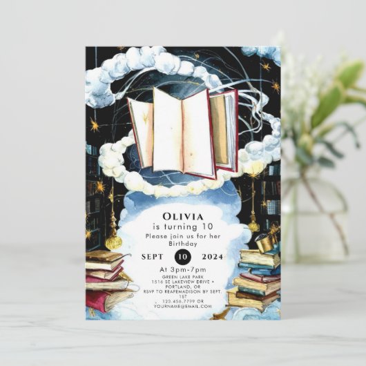 シンプル図書館おとぎ話ストーリーブック誕生日 招待状 (スタンド正面)