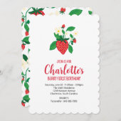 シンプル図解入りの、写真付きのストロベリーファースト誕生日 招待状 (正面/裏面)