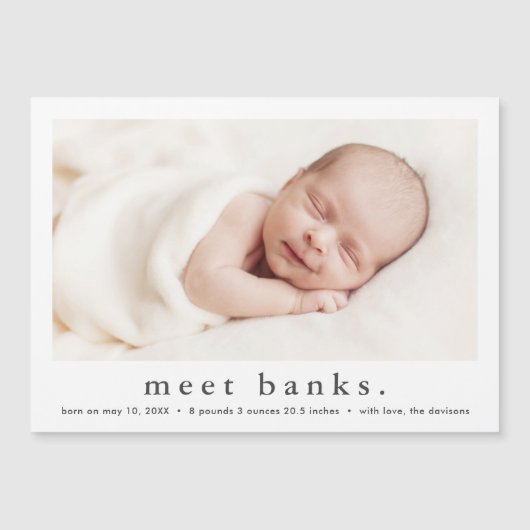 シンプル型モダンベビー写真誕生 マグネット招待状 (正面)