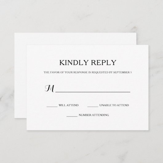 シンプル基本白黒ウェディングRSVP 出欠カード (正面/裏面)