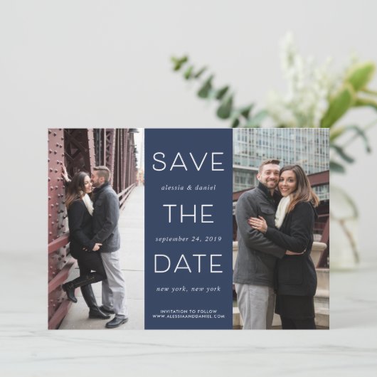 シンプル声明 | 2つの写真の日付を保存 セーブザデート (スタンド正面)