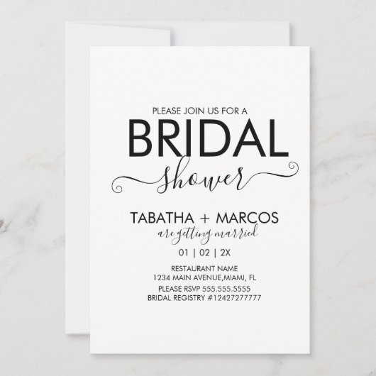 シンプル大理石パターンスクリプトブライダルシャワー 招待状 (正面)