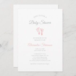 シンプル女の子の赤ちゃんシャワー大切ピンクの足跡 招待状