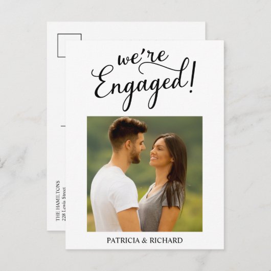 シンプル婚約の発表と日付の保存 ポストカード (正面/裏面)