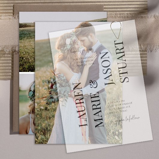 シンプル実在Vellum Overlエレガント3写真結婚s 招待状