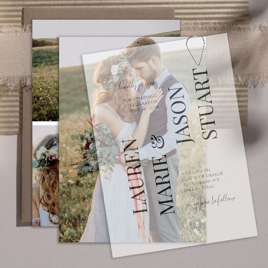 シンプル実在Vellum Overlエレガント4写真結婚s 招待状