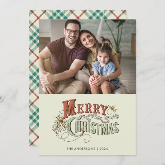 シンプル家族の写真メリークリスマス シーズンカード (正面/裏面)