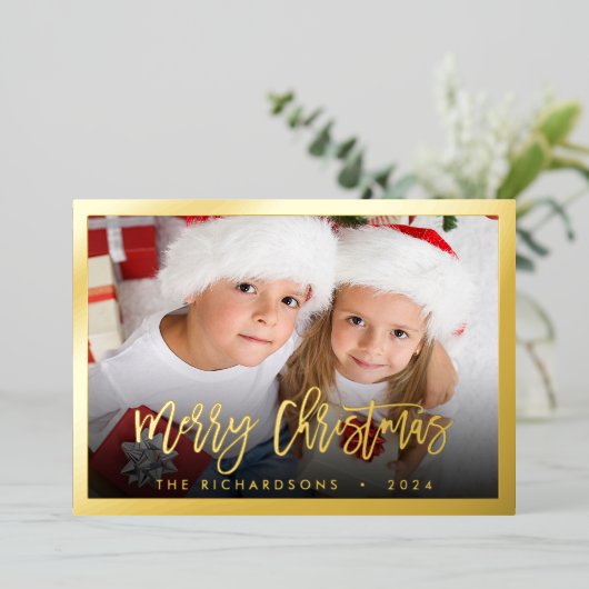 シンプル家族の写真名クリスマススクリプトエレガント 箔シーズンカード (立ち正面)