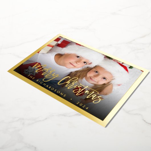 シンプル家族の写真名クリスマススクリプトエレガント 箔シーズンカード (回転した状態)