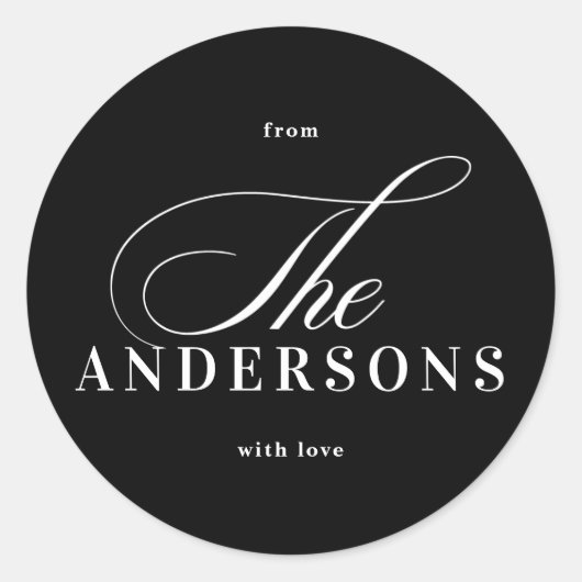 シンプル家族の名前ブラッククリスマスホリデーステッカー ラウンドシール (正面)