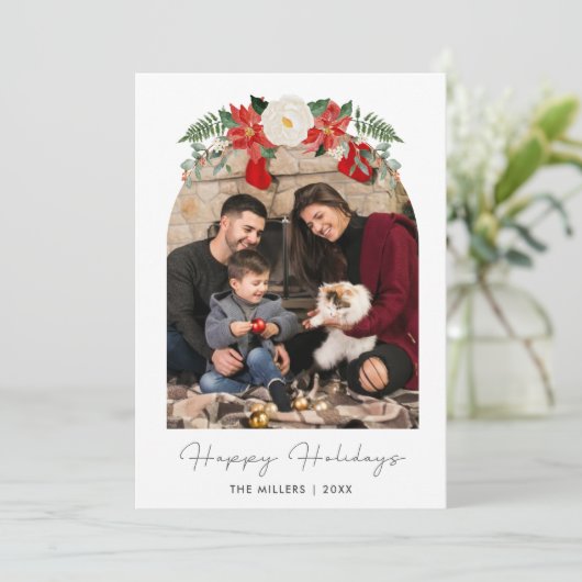 シンプル家族アーチ写真ハッピーホリデーズクリスマス シーズンカード (スタンド正面)