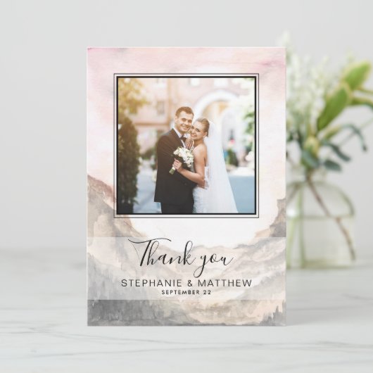 シンプル山の水の色の写真結婚の サンキューカード (スタンド正面)