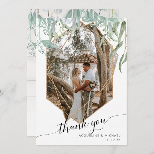 シンプル幾何モダンバラ金ゴールド葉の写真 サンキューカード (正面/裏面)