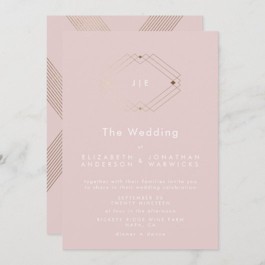 シンプル幾何モダン金ゴールド赤面ピンク結婚ス 招待状 (正面/裏面)