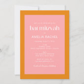 シンプル幾何学模様ピンクとオレンジバルミツワー 招待状 (正面)