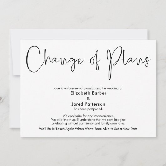 シンプル延期さ結婚れたプランカードの変更 招待状 (正面)