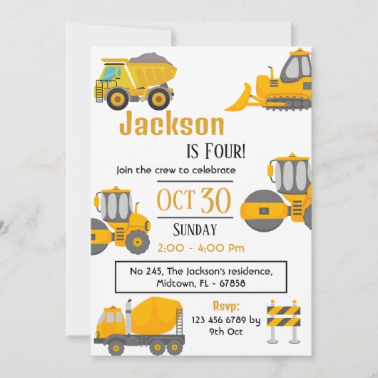 シンプル建築トラック子供かわいい4歳の誕生日 招待状 (正面)