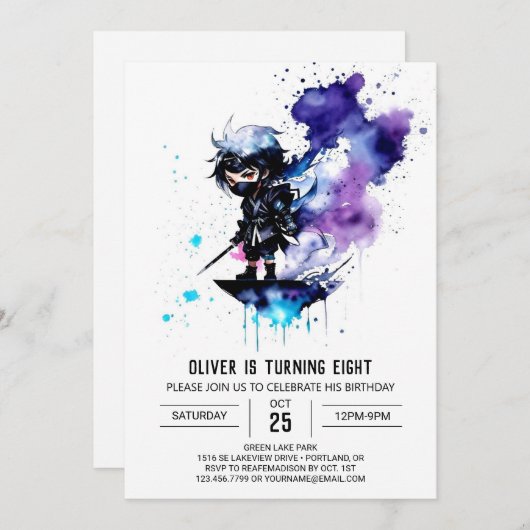 シンプル忍者カスタムボーイデジタル誕生日 招待状 (正面/裏面)