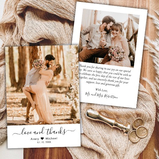 シンプル愛とスクリプ感謝していトのハート写真結婚の サンキューカード