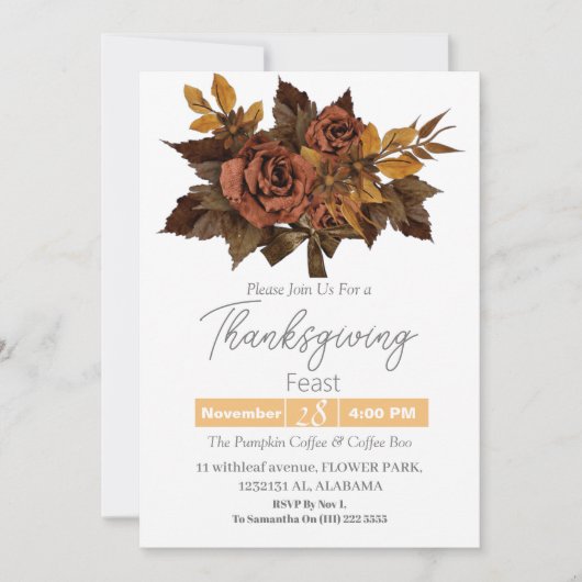 シンプル感謝祭ディナーウォーターカラーフラワー秋 招待状 (正面)