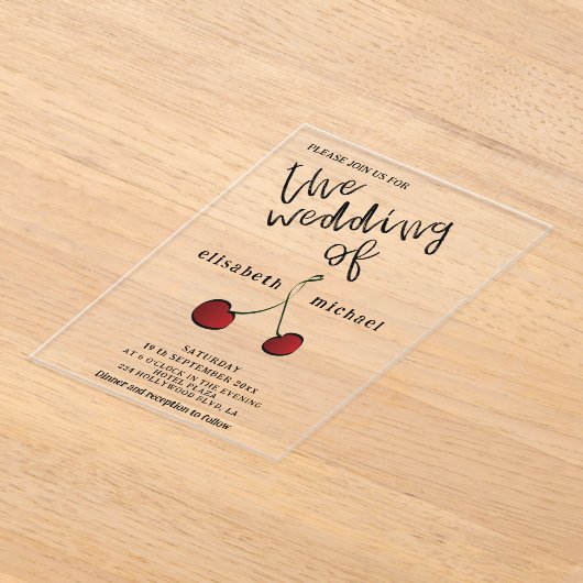 シンプル手エレガント引き白い赤さくらんぼ アクリル招待状 (レイダウン)