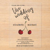 シンプル手エレガント引き白い赤さくらんぼ アクリル招待状 (正面)