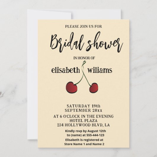 シンプル手エレガント引き白い赤さくらんぼ 招待状 (正面)