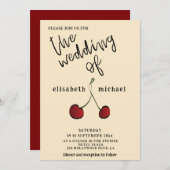 シンプル手エレガント引き白い赤さくらんぼ 招待状 (正面/裏面)