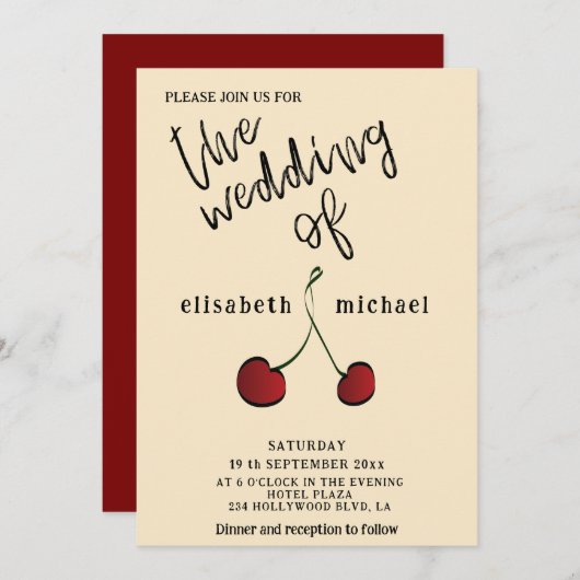 シンプル手エレガント引き白い赤さくらんぼ 招待状 (正面/裏面)