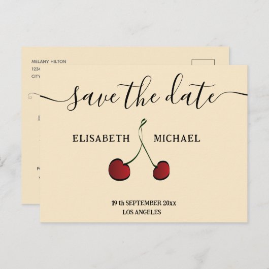 シンプル手エレガント引き白い赤さくらんぼ 案内ポストカード (正面/裏面)