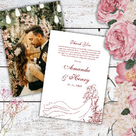 シンプル手描きカップル写真ブルグンディ結婚ズ サンキューカード