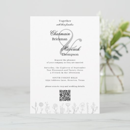 シンプル手描き花写真Qrコード結婚ズ 招待状 (スタンド正面)