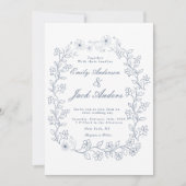 シンプル手描き青い線の花の庭結婚の セーブザデート (正面)