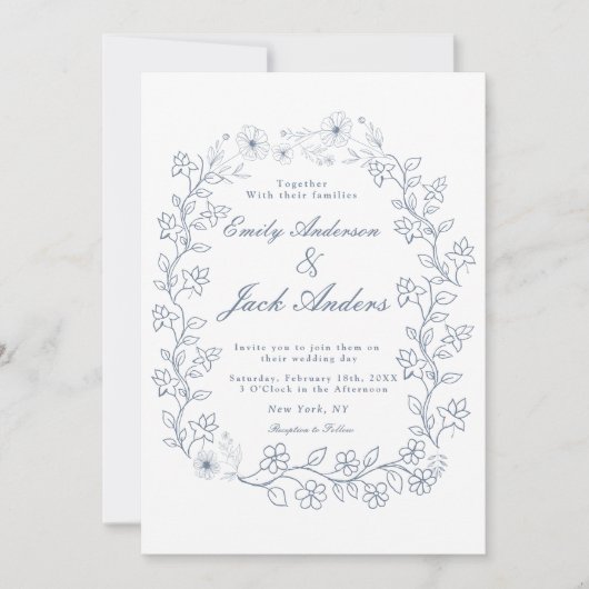 シンプル手描き青い線の花の庭結婚の セーブザデート (正面)