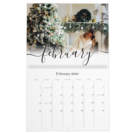 シンプル手書きエレガントスクリプトファミリの写真 カレンダー (2月 2026)