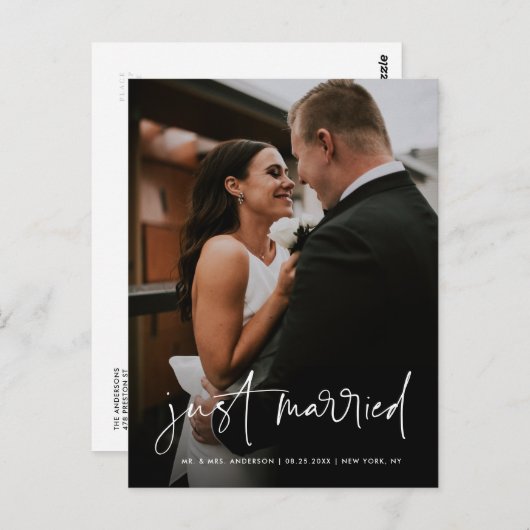 シンプル手書きスクリプトたった今結婚しました結婚の ポストカード (正面/裏面)