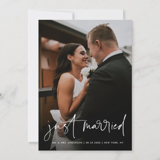 シンプル手書きスクリプトたった今結婚しました結婚の 案内状 (正面)