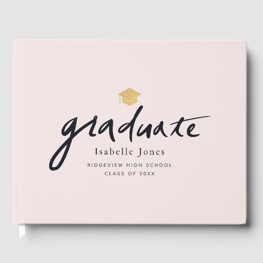 シンプル手書きスクリプトピンク卒業写真 ゲストブック (正面)